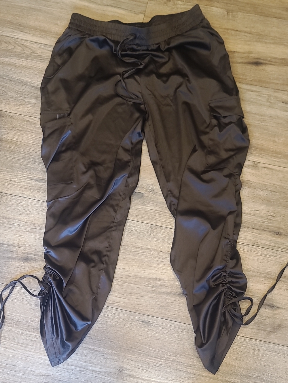 NWT  Satin Drawstring cargo Jogger Pants Xl Chocolate Brown
